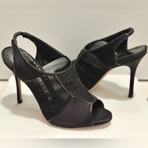 Manolo Blahnik Black Tulle Satin Open-Toe Slingback Heels, Size 5.5